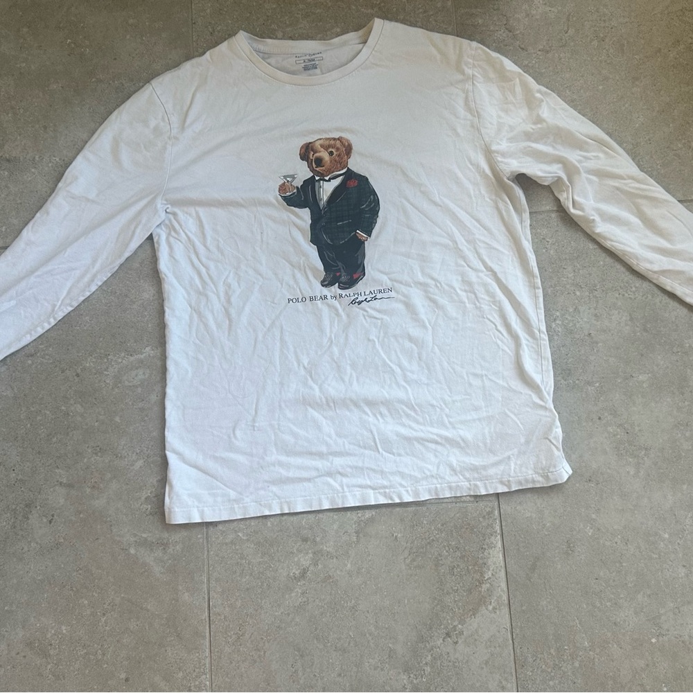 Polo by Ralph Lauren White Long Sleeve with Bear Graphic tuxedo martini cotton